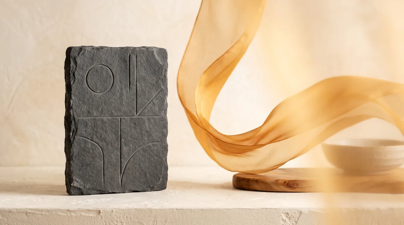 A fixed charcoal stone tablet beside a flowing amber ribbon that curves away into soft light