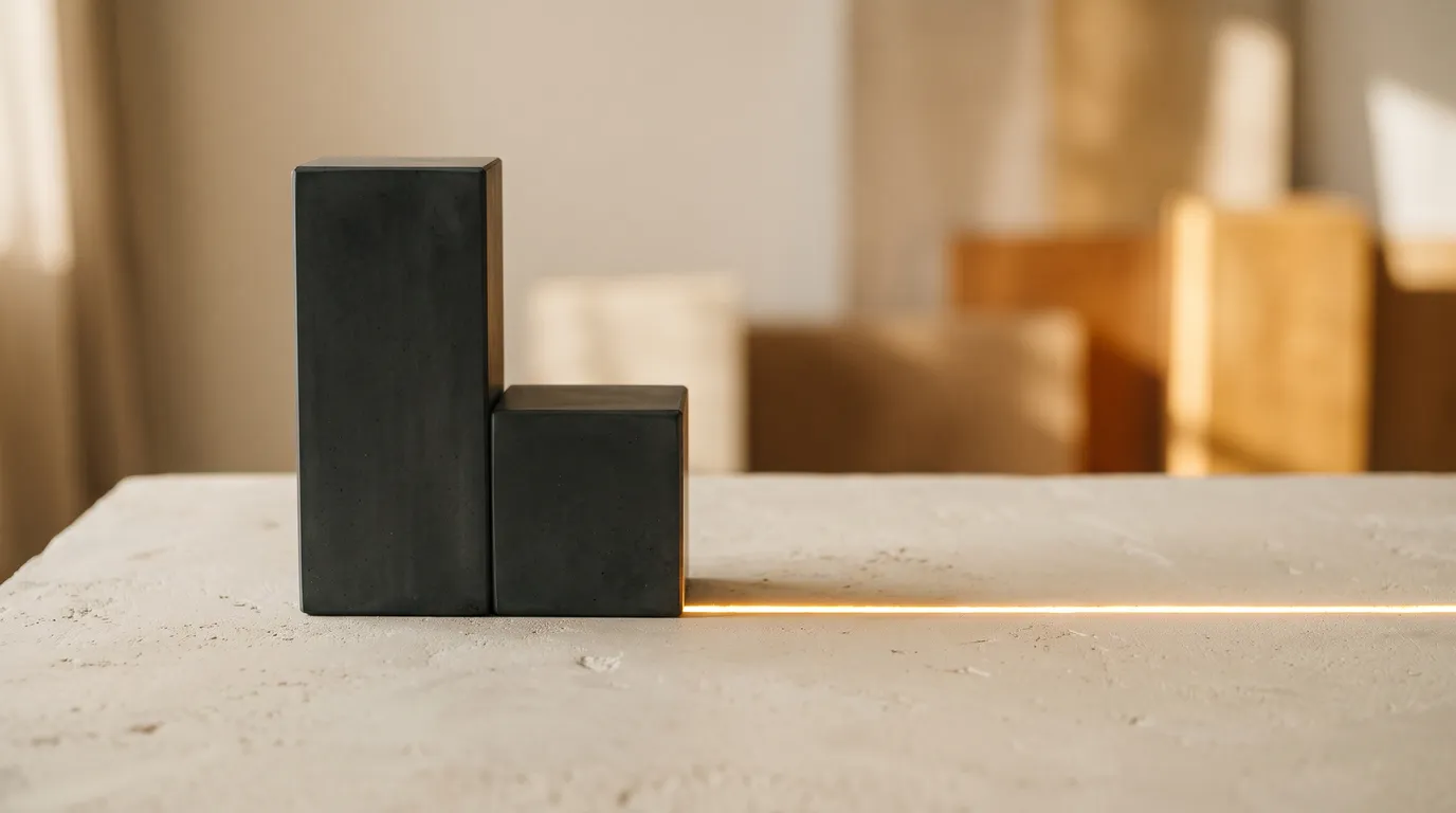 A thin unbroken golden line running across a cream surface while a charcoal block beside it steps down to a lower height