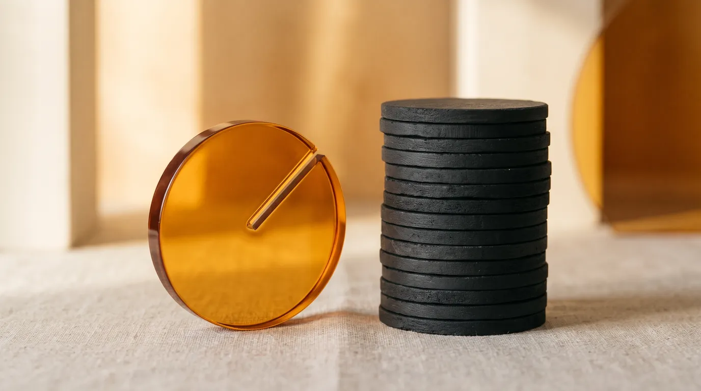 An amber disc with a thin slice removed beside a visibly taller stack of charcoal discs