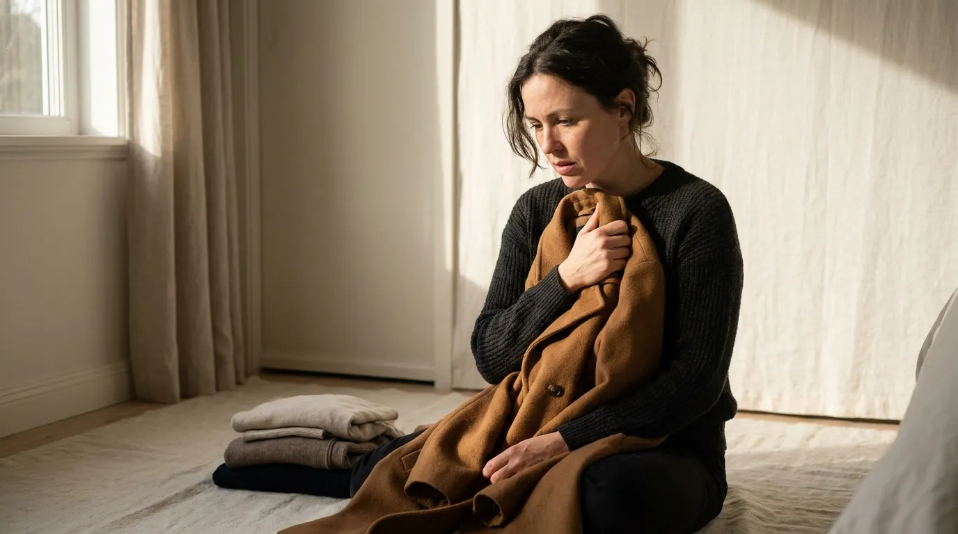 A woman sorting her wardrobe, holding the one coat she will not give up