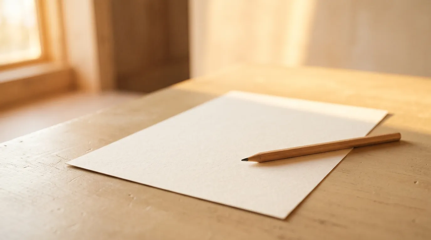 A pencil resting on a blank sheet of paper on a cream desk in golden window light