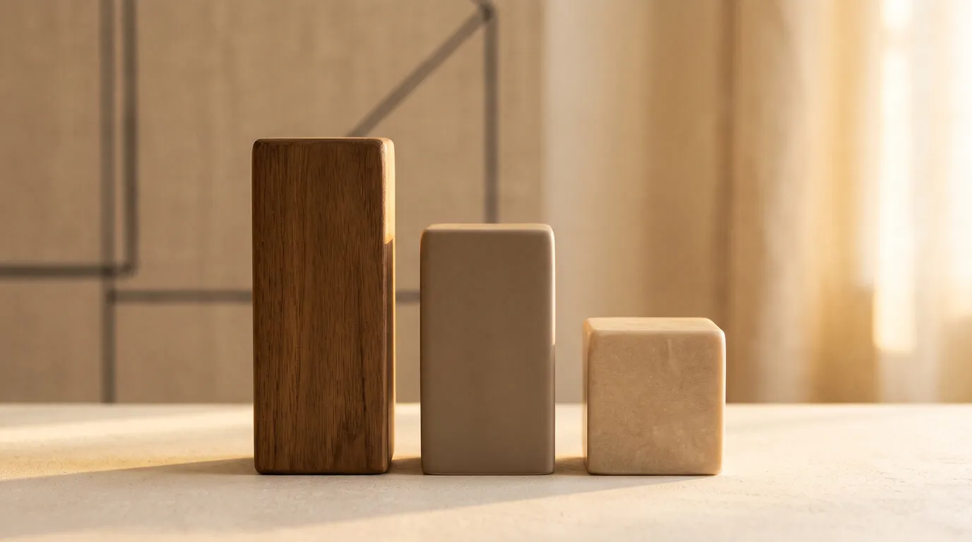 Three smooth blocks of different heights lined up from tallest to shortest on a cream surface in golden light