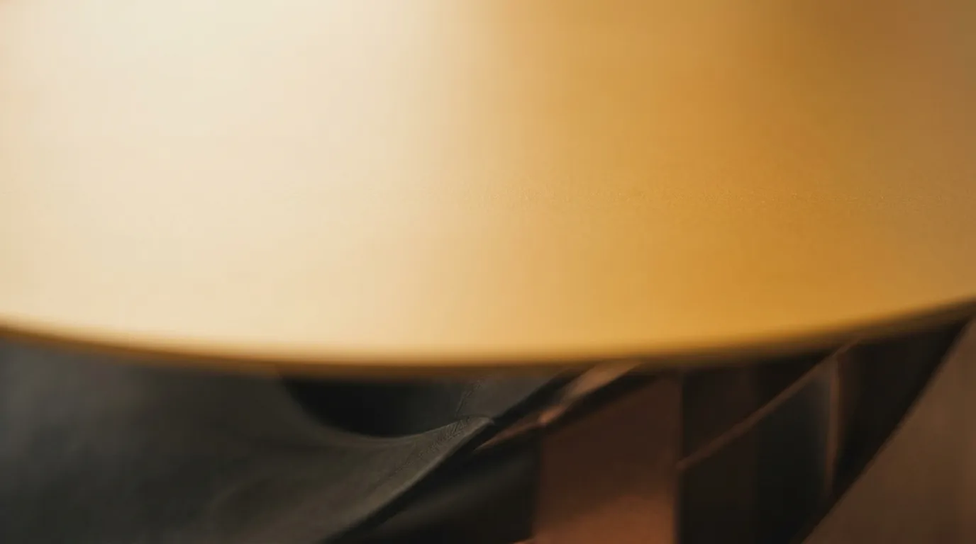 A calm golden surface plane above, with deeper layered charcoal and copper forms visible beneath it