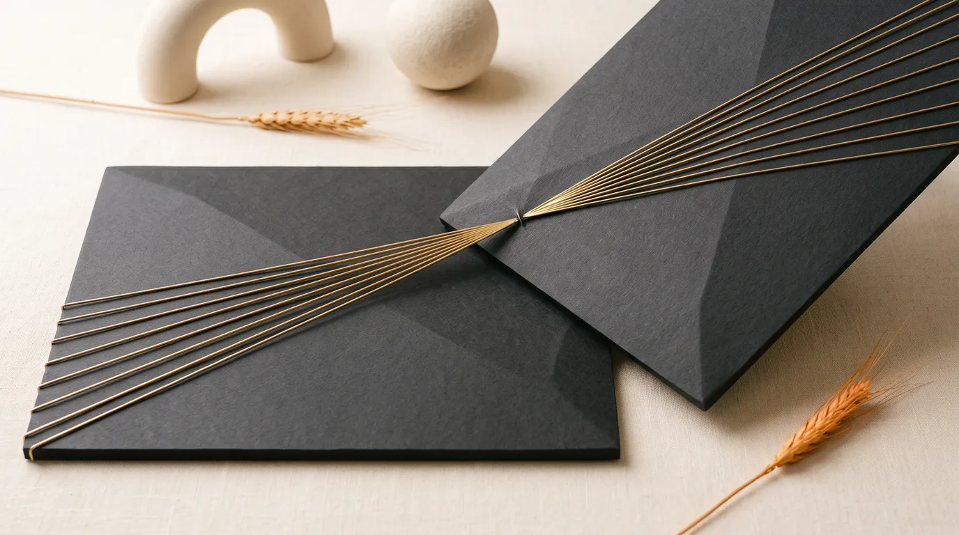Two sets of fine golden lines running across charcoal planes and meeting exactly at one point