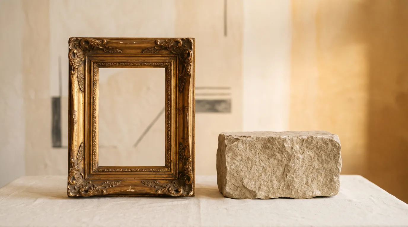 An ornate empty gilded frame beside a plain, heavy, quiet stone block on a cream surface
