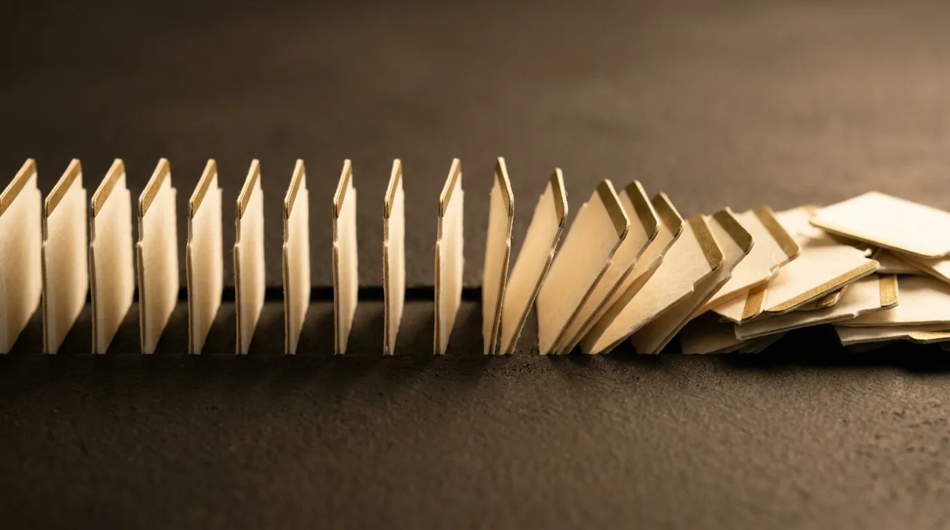 Cream paper filing tabs with gold edges standing in perfect alignment before drifting out of order