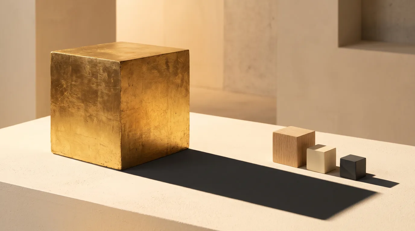 One very large gilded block casting a long charcoal shadow across several small clean blocks on a cream surface